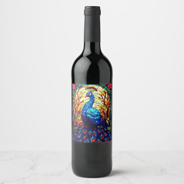 Etiqueta Para Botella De Vino Hermoso Peacock Vidrio Manchado (Anverso)