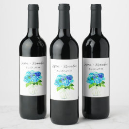 Etiqueta Para Botella De Vino Hidrangea Boda floral de las flores de color azul