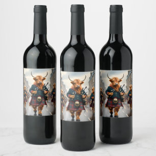 Etiqueta Para Botella De Vino Highland Harmony: Banda de Vaca Highland con Gaita