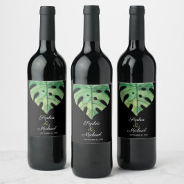 Etiqueta Para Botella De Vino Hoja tropical de Monstera en Boda negro