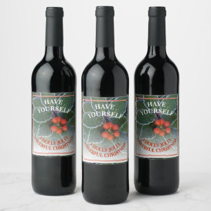 Etiqueta Para Botella De Vino Hojas de Acebo Verdes Heladas Simple Chic Bayas Ro