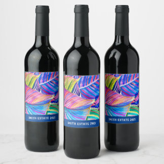 Etiqueta Para Botella De Vino Hojas de canoa tropical acuarela