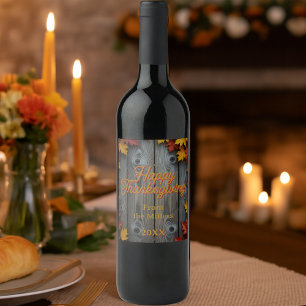 Etiqueta Para Botella De Vino Hojas de otoño en madera rústica Feliz Día de Acci