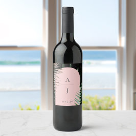 Etiqueta Para Botella De Vino Hojas de palmas de arco rosado de Rubor tropical m