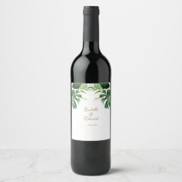 Etiqueta Para Botella De Vino Hojas Tropicales de Monstera Verde y Dorado