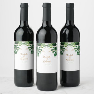 Etiqueta Para Botella De Vino Hojas Tropicales de Monstera Verde y Recorte Dorad
