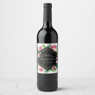 Etiqueta Para Botella De Vino Hojas tropicales Hibiscus Flamingo Boda Wine