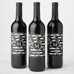 Etiqueta Para Botella De Vino Hojas tropicales negras y blancas