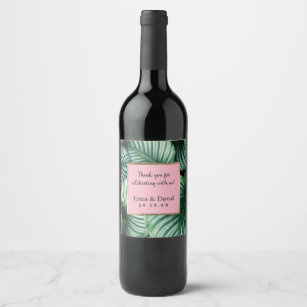 Etiqueta Para Botella De Vino Hojas tropicales Sello rosa Boda de playa de Luau
