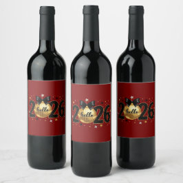 Etiqueta Para Botella De Vino Hola 2026 Diseño de brillo de purpurina roja