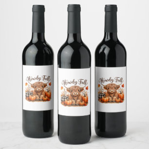 Etiqueta Para Botella De Vino Hola Otoño Vaca Highland Feliz Día de Acción de Gr