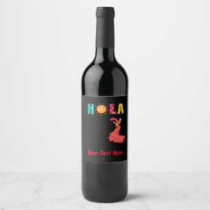 Etiqueta Para Botella De Vino ¡Hola! Tema español/señorita/texto editable