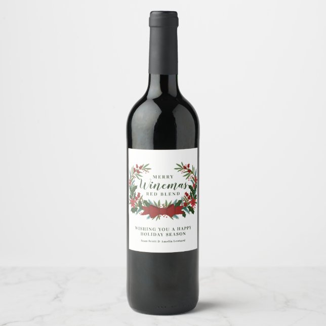 Etiqueta Para Botella De Vino Holiday Greenery Merry Winemas Personalizado (Anverso)