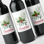 Etiqueta Para Botella De Vino Holly Berries Pine Merry Christmas<br><div class="desc">Holly leaves,  red berries,  pine branches,  your greeting and names in chic red lettering,  these wine bottle labels are stylish for any Christmas holiday occasion or to personalize your wine gifts.</div>