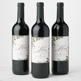Etiqueta Para Botella De Vino Holly Berry Pine Red Green Feliz Navidad