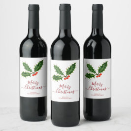 Etiqueta Para Botella De Vino Holly y Berries Feliz Navidad y nombre familiar