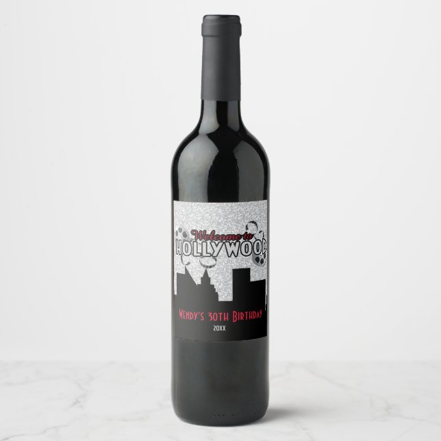 Etiqueta Para Botella De Vino Hollywood glamuroso con Purpurina plateado (Anverso)