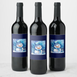 Etiqueta Para Botella De Vino Hombre de nieve en azul