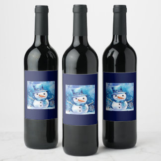 Etiqueta Para Botella De Vino Hombre de nieve en azul