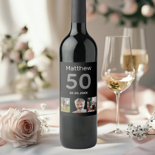 Etiqueta Para Botella De Vino Hombre de nombre de foto negra de cumpleaños
