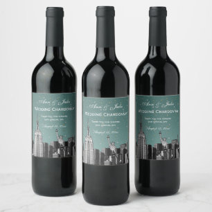 Etiqueta Para Botella De Vino Horizonte de NYC Grabado #2 Turquesa Acuario Gradi
