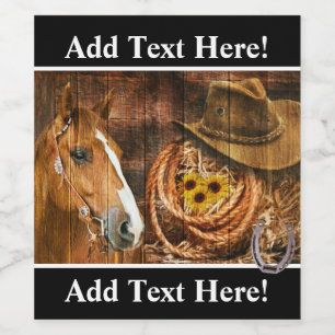 Etiqueta Para Botella De Vino Horse Cowboy Gorra Lasso Sunflower Rusn Barn Board