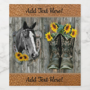 Etiqueta Para Botella De Vino Horse Horseshoe Bostas de Cowboy Sunflowers