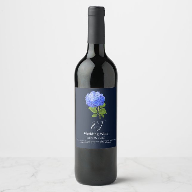 Etiqueta Para Botella De Vino Hortensia azul acuarela (Anverso)