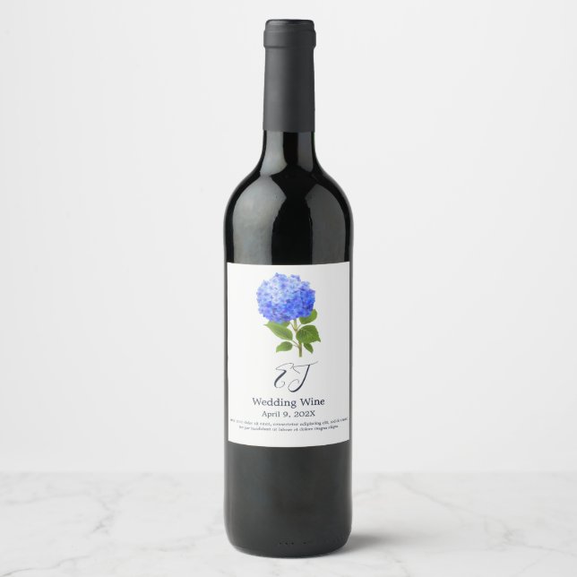 Etiqueta Para Botella De Vino Hortensia azul acuarela (Anverso)