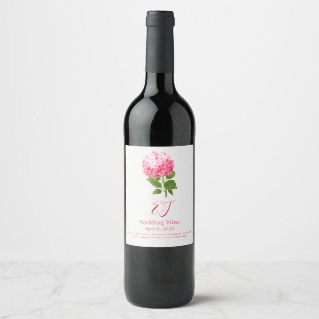 Etiqueta Para Botella De Vino Hortensia rosa en acuarela (Anverso)