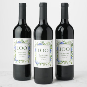 Etiqueta Para Botella De Vino Hortensias Azules Cumpleaños 100