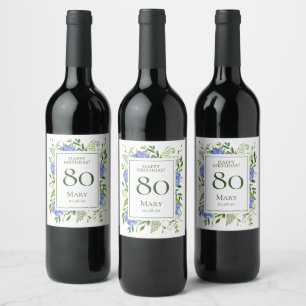 Etiqueta Para Botella De Vino Hortensias Azules Cumpleaños 80