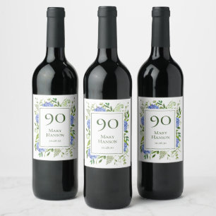 Etiqueta Para Botella De Vino Hortensias Azules Cumpleaños 90