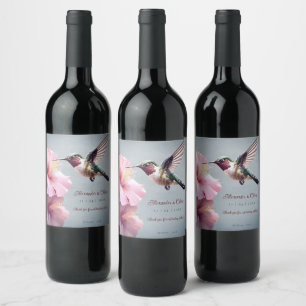 Etiqueta Para Botella De Vino Hummingbird y Boda de Hibiscus   Azul