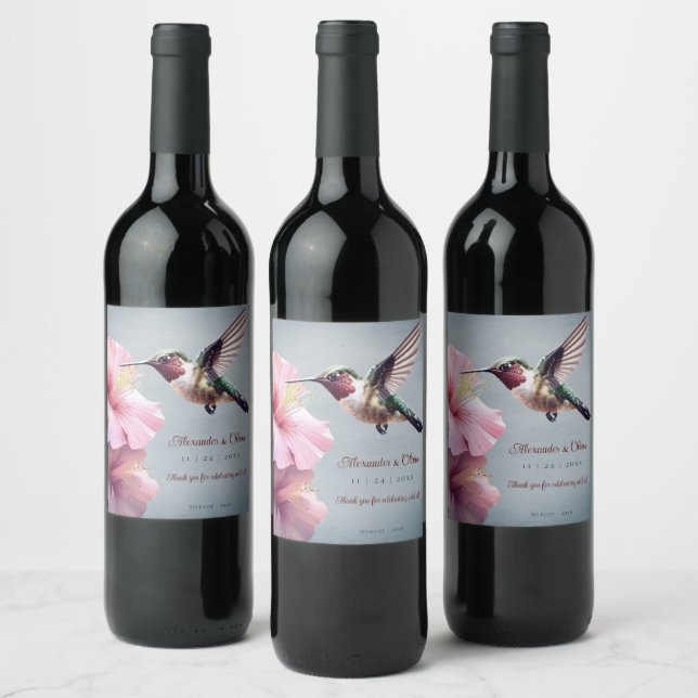 Etiqueta Para Botella De Vino Hummingbird y Boda de Hibiscus | Azul (Botellas)