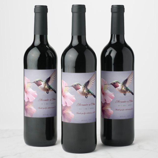 Etiqueta Para Botella De Vino Hummingbird y Boda de Hibiscus | Morado (Botellas)