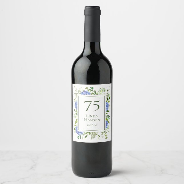Etiqueta Para Botella De Vino Hydrangeas Azules Cumpleaños 75 (Anverso)