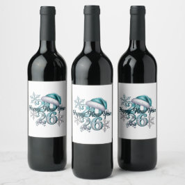 Etiqueta Para Botella De Vino Icy Blue 2026 with Santa Hat and Snowflakes 
