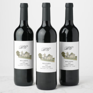 Etiqueta Para Botella De Vino Iglesia acuarela Monograma tradicional Boda