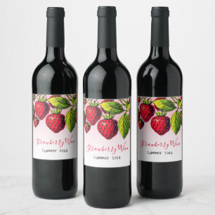 Etiqueta Para Botella De Vino Ilustración de fresas rojas vintage con ombre rosa