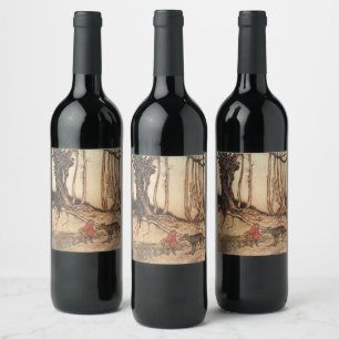 Etiqueta Para Botella De Vino Ilustración vintage de Caperucita Roja y el Lobo d