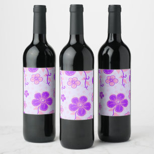 Etiqueta Para Botella De Vino Impresión floral de bonito morado y rosa en lavand