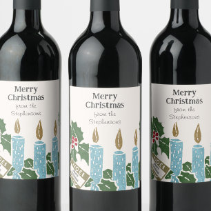 Etiqueta Para Botella De Vino Impresión Linóleo Navideña Vintage Velas Azules 