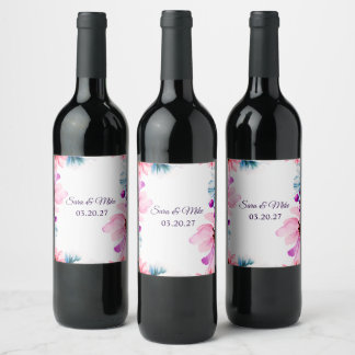 Etiqueta Para Botella De Vino Invitación de boda con flores de color rosa y azul
