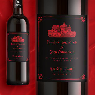 Etiqueta Para Botella De Vino Invitación de boda de Castillo Gótico con borde ro