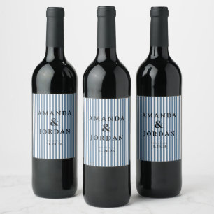 Etiqueta Para Botella De Vino Invitación de Boda Elegante con Rayas Azules