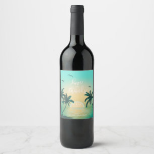 Etiqueta Para Botella De Vino Isla Tropical Sunrise Amor y Gracias ID581 Verde a