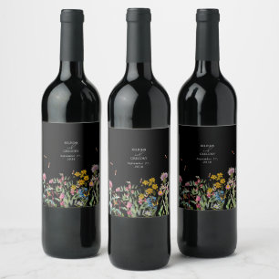 Etiqueta Para Botella De Vino Jardín de Bodas de Flores Silvestres Acuarela Negr