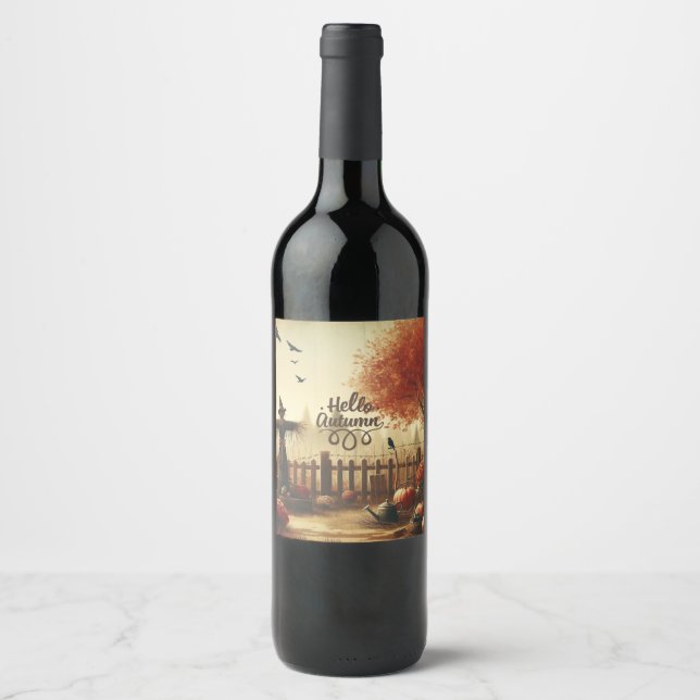Etiqueta Para Botella De Vino Jardín de otoño y espantapájaros (Anverso)