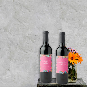 Etiqueta Para Botella De Vino Jardin Rosa Caliente Elegante Flor Silvestre Azul
